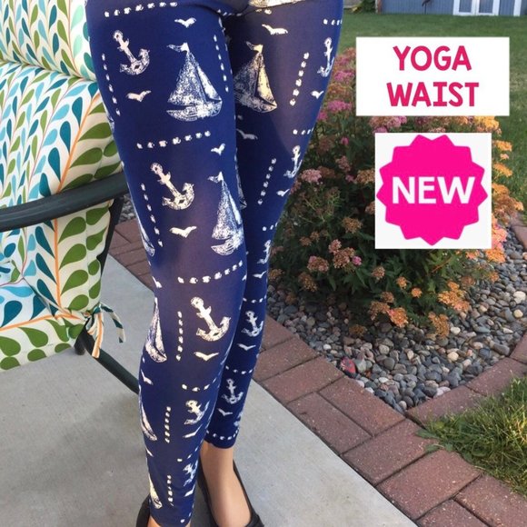 OS NEW Womens Nautical Boat Anchor Leggings Blue White Soft Yoga Pants Fit 0-12 - Picture 6 of 8